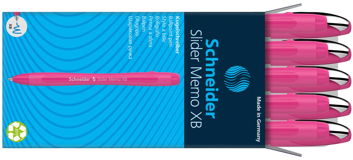 Schneider Slider Memo XB Ballpoint Pen, Hot Pink Case, Blue Ink, Extra Wide Line, Pack of 10