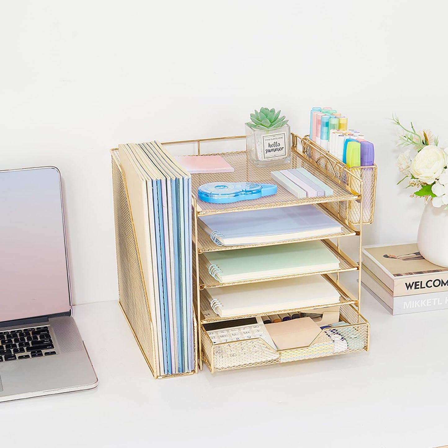 Gugsey 5-Tier Desk File Organizer with Drawer & Pen Holder (Gold)