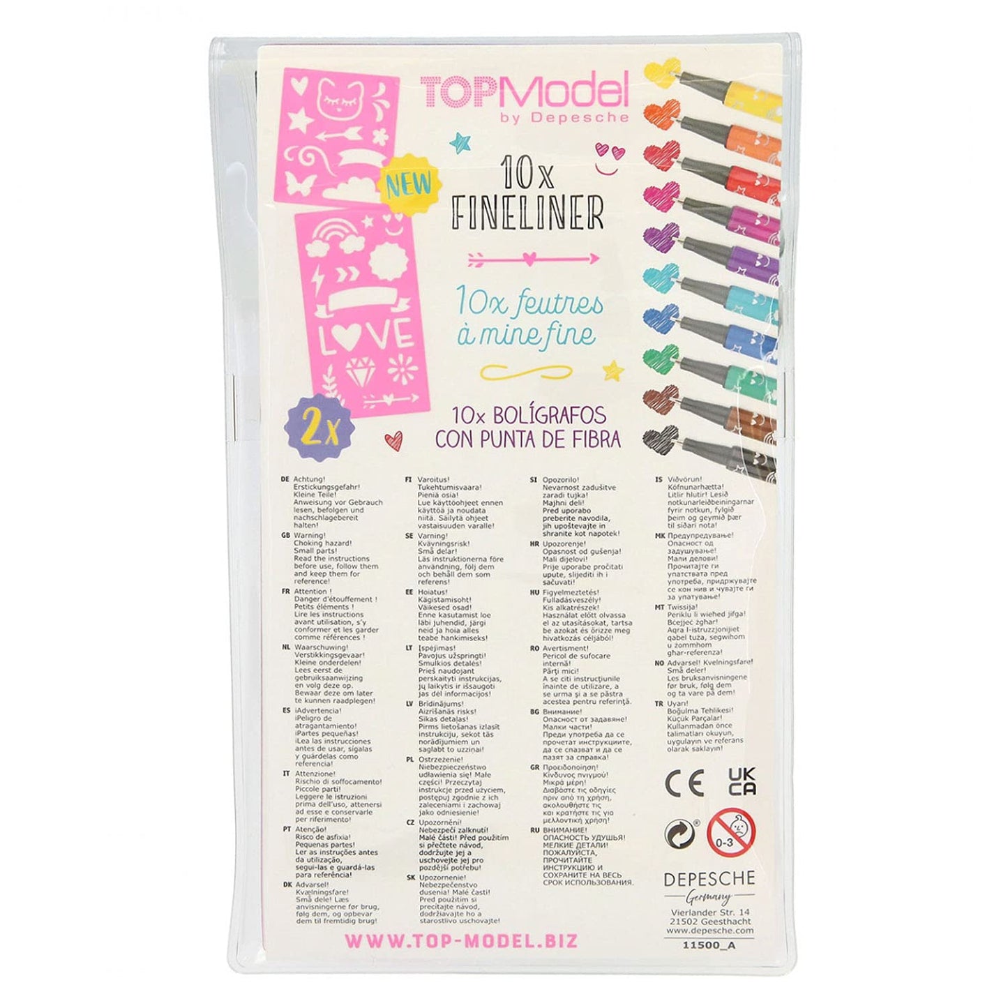 Depesche 11500 TOPModel - Fineliner Set with 10 Pens and 2 Stencils, Fine Painters in 10 Different