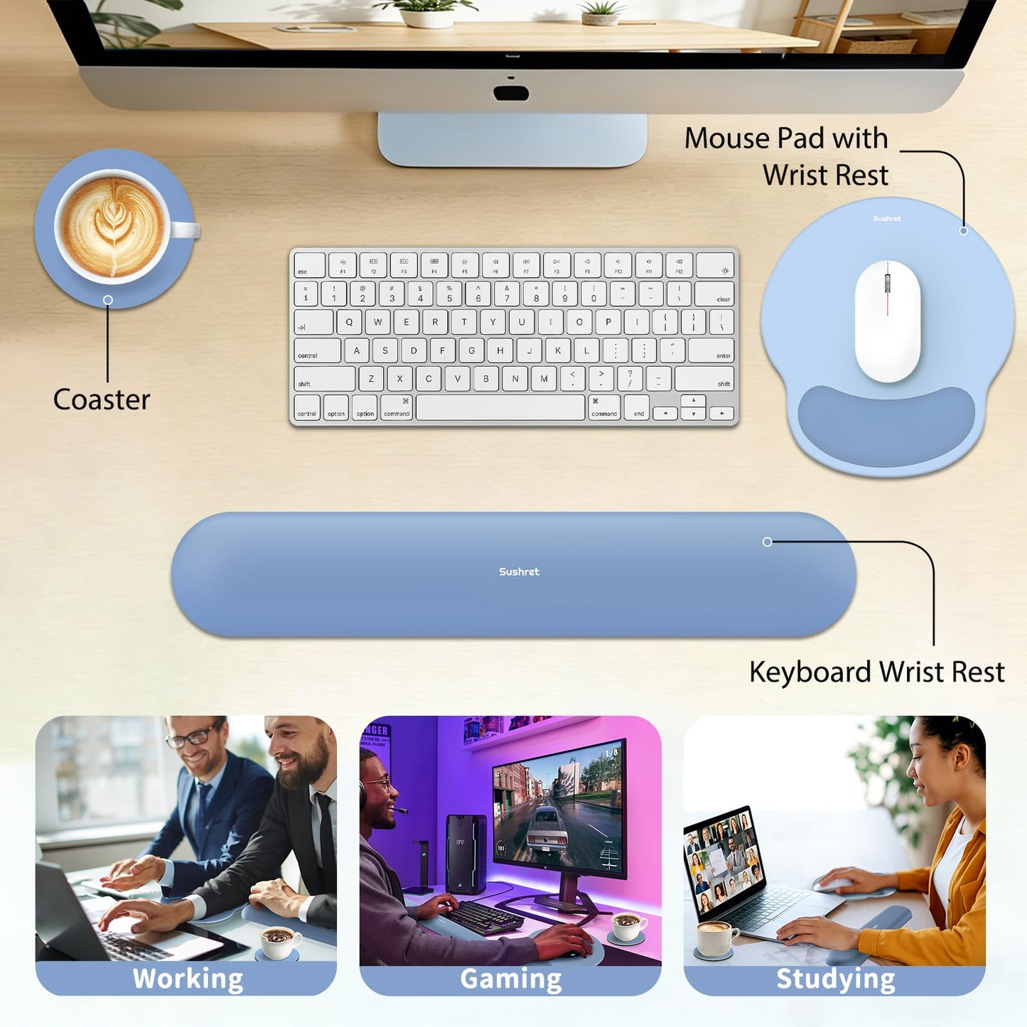 Sushret Mouse Pad and Keyboard Wrist Rest, 3-in-1 Gel Memory Foam Ergonomic Mouse Pad with Wrist