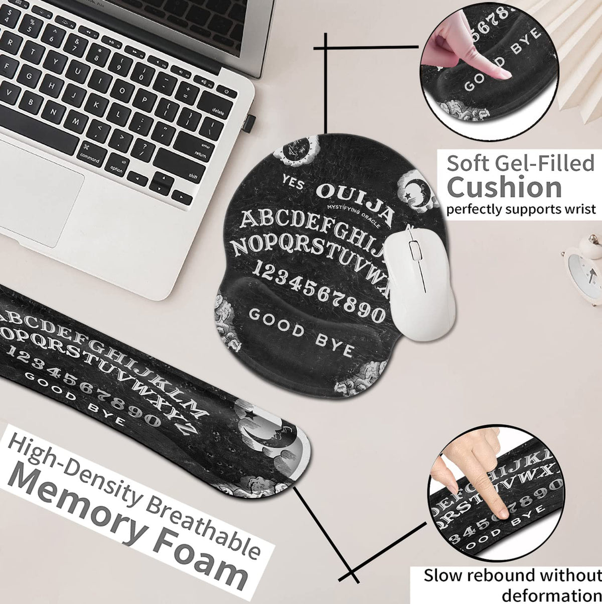 Black Mouse Pad with Stitched Edge, Non-Slip Rubber Base, Ouija Board Witch Pattern, MousePad with