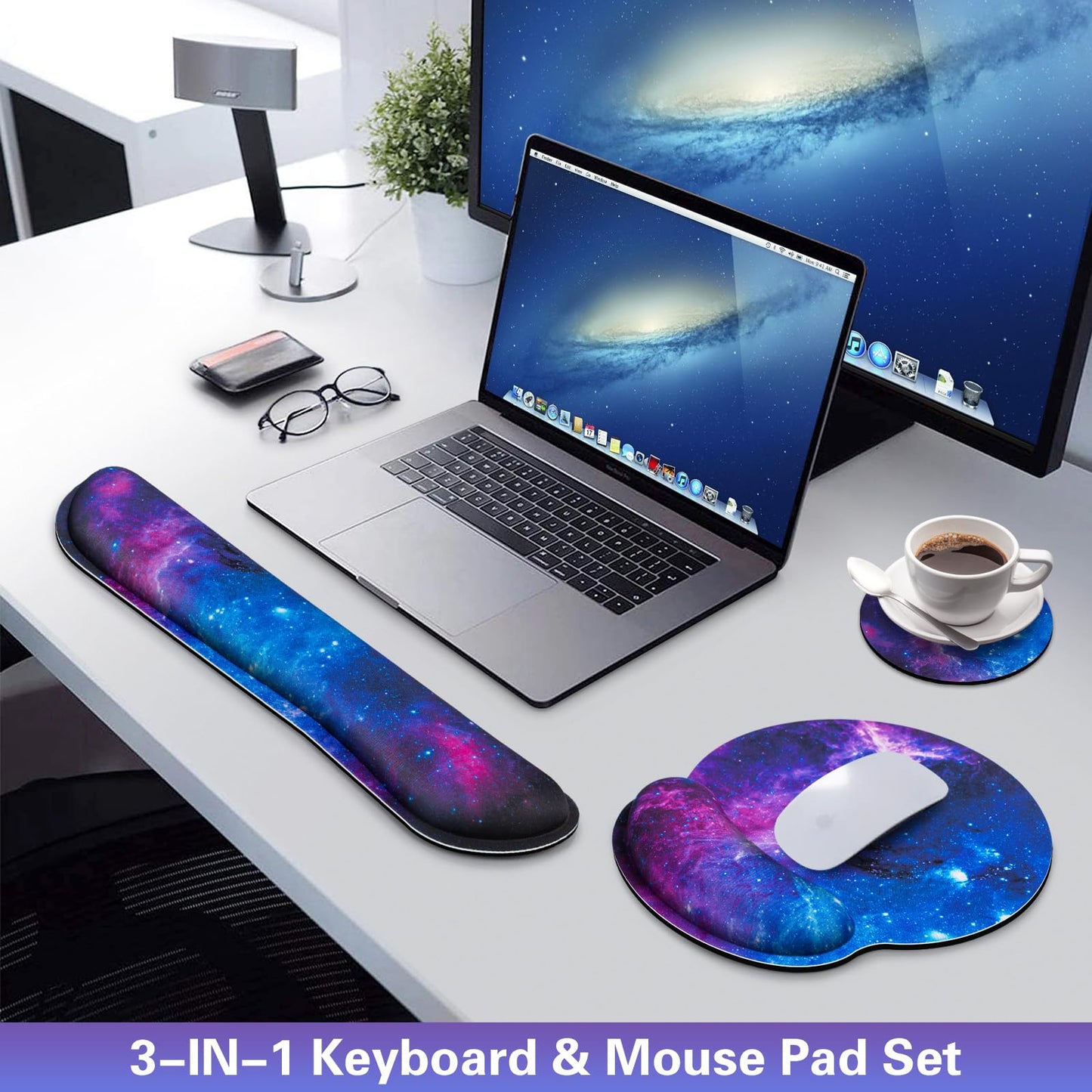 Desk Pad Galaxy, Mouse Pad with Wrist Rest, 3-in-1 Wrist Support Mousepad