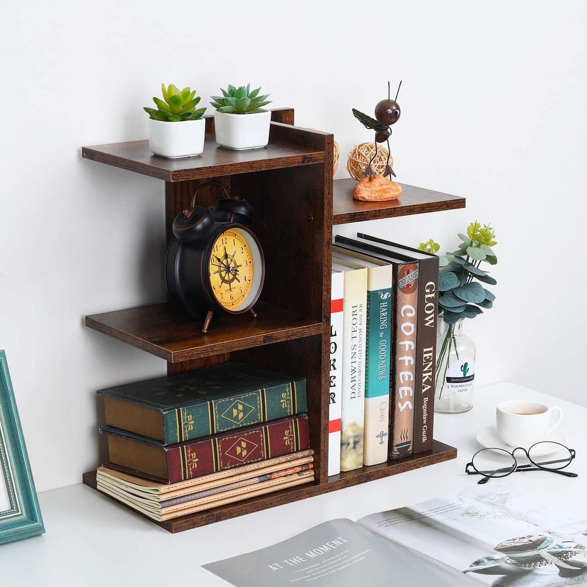 PAG-Mass Desktop Bookshelf Freestanding Wooden Countertop Bookcase Accessories Organizer Display