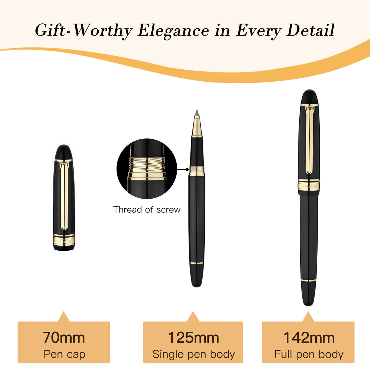 BEILUNER 319 Piano Black Lacquer Rollerball-Luxury Pen with 24K Gold