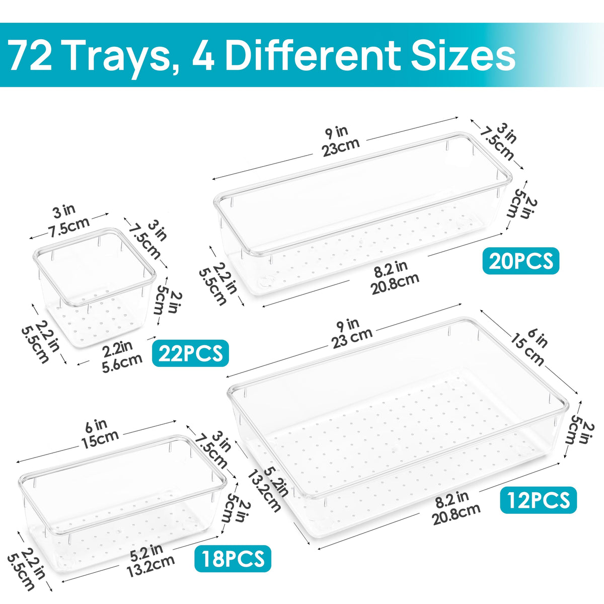 Vtopmart 72 PCS Clear Plastic Drawer Organizers Set, 4-Size Versatile Bathroom and Vanity Organizer