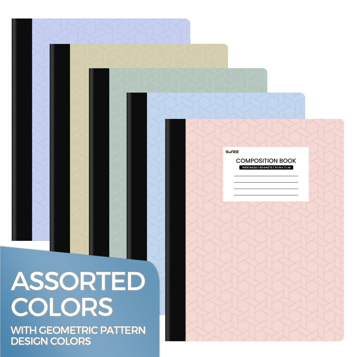 SUNEE Composition Notebook, Wide Ruled Paper, 5 Pack, 9-3/4" x 7-1/2", 80 Sheets/160 Pages, Back to