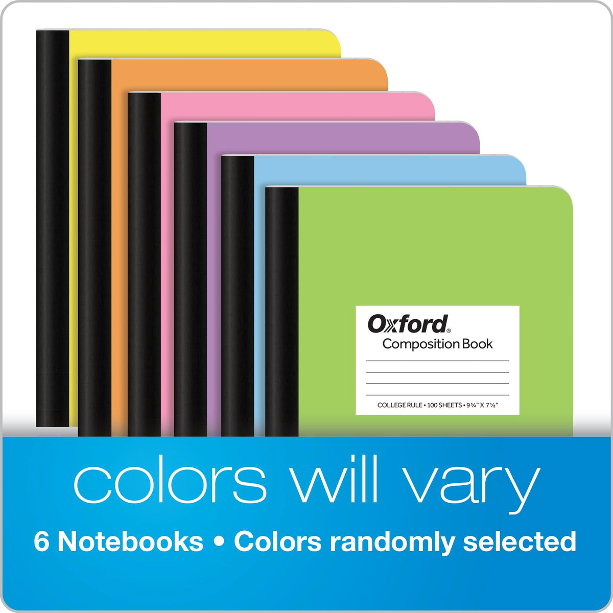 Oxford Composition Notebooks, 6 Pack, Cover Colors Vary, College Ruled Paper, 9-3/4 x 7-1/2 Inch