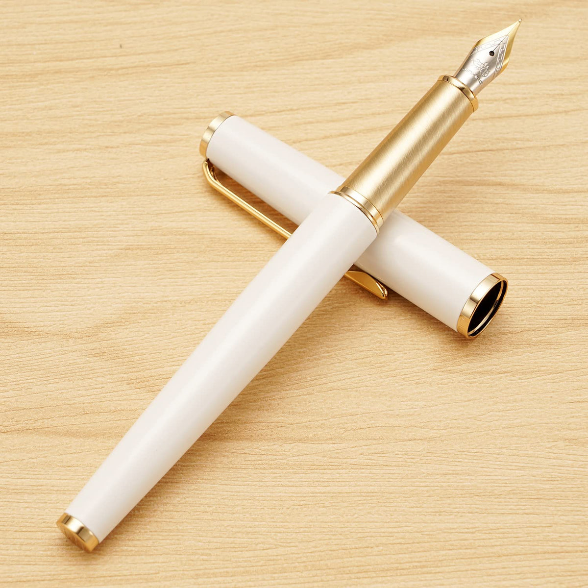 Jinhao 95 Metal Fountain Pen Fine Nib, Pearl White with Golden Clip Writing Pen