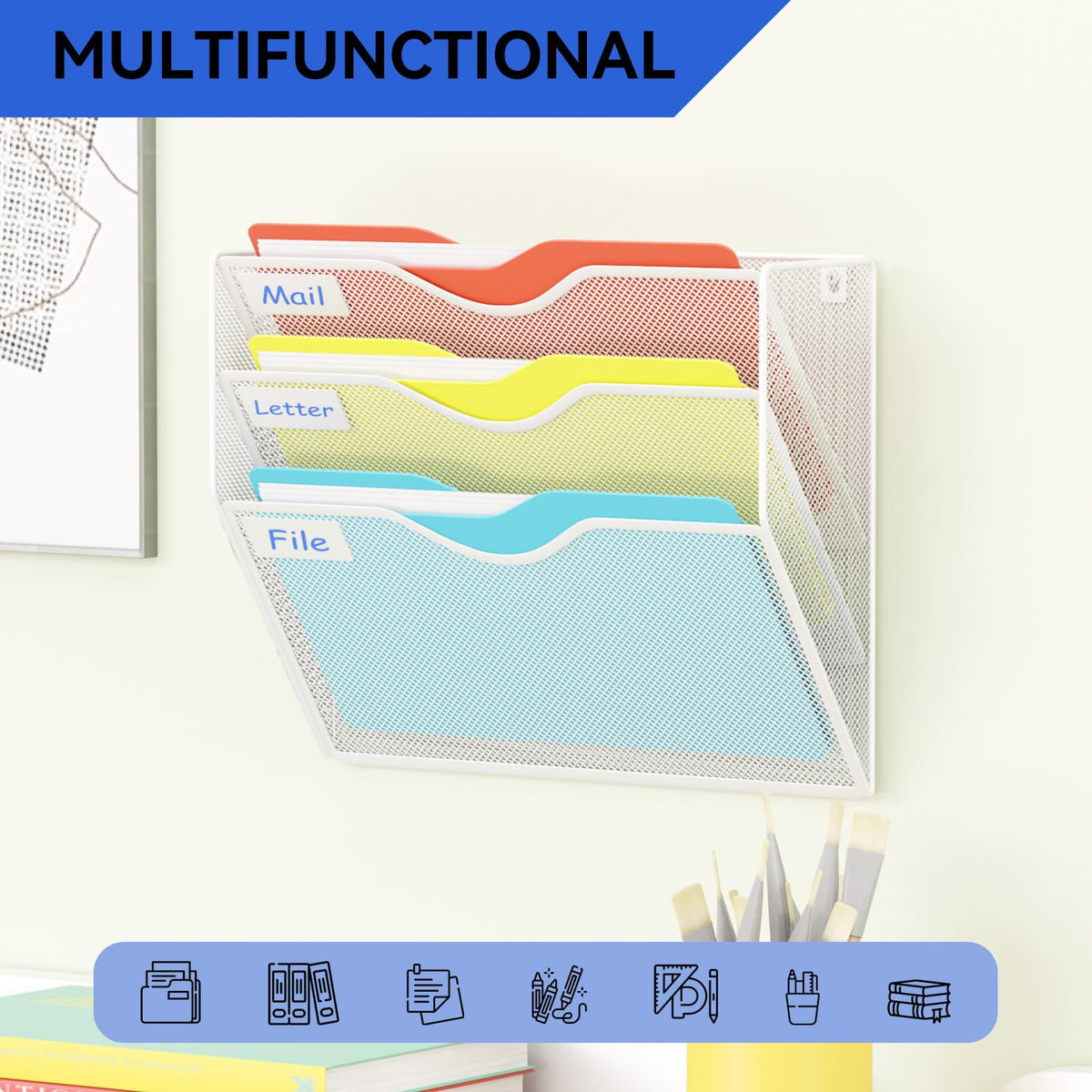 GDINDINFAN 3 Pockets Hanging Wall File Organizer Mail Holder, Wall Mounted Paper Document Folder