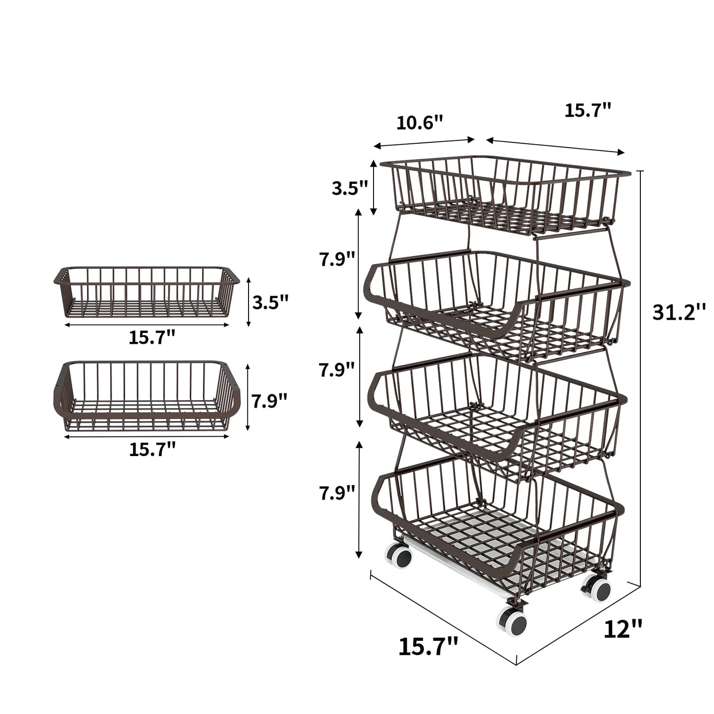 Miyawell Fruit Vegetable Storage Basket for Kitchen - 4 Tier Stackable Metal Wire Baskets Cart with