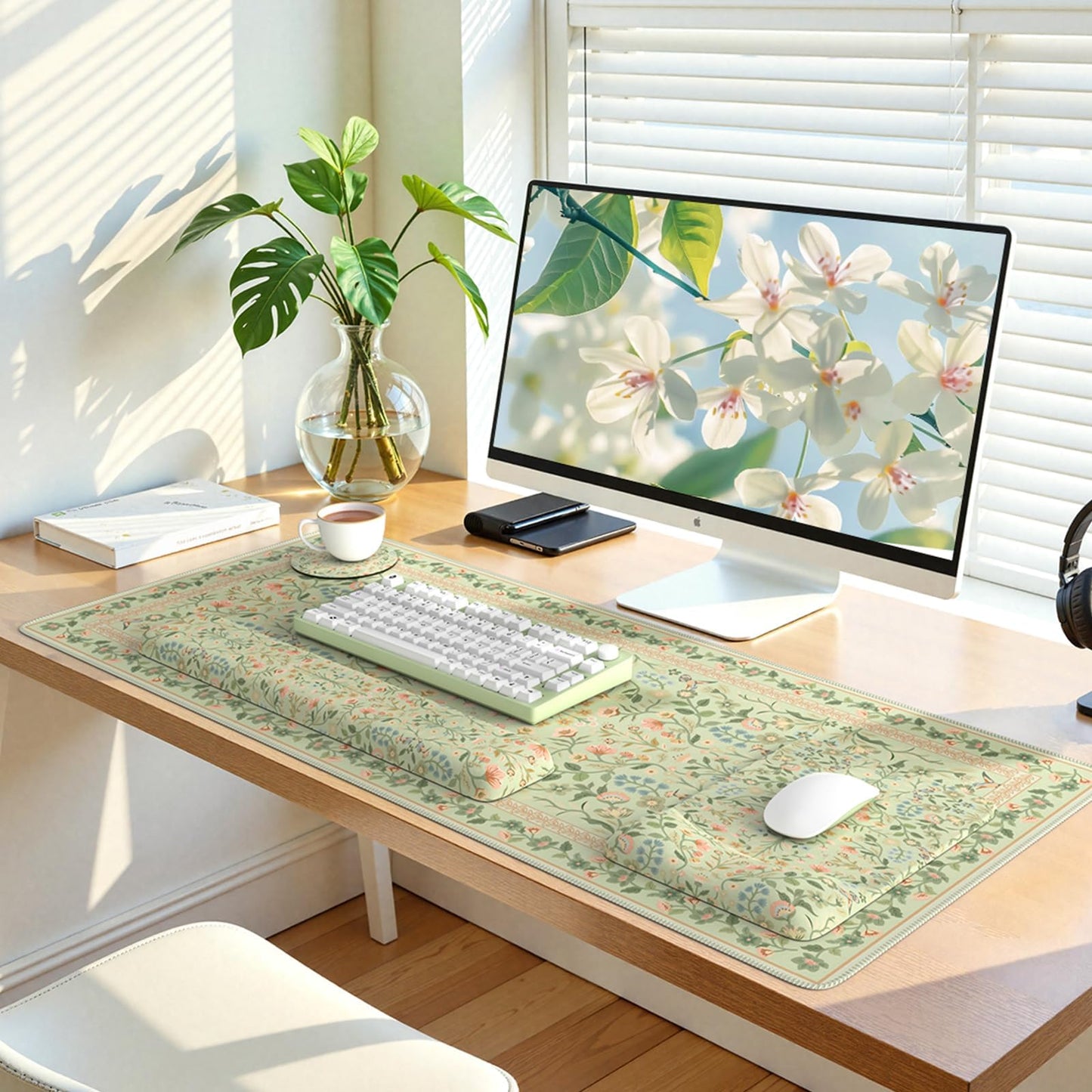 iLeadon Green Desk Mat Set, Keyboard with Wrist Rest and Mouse Pad