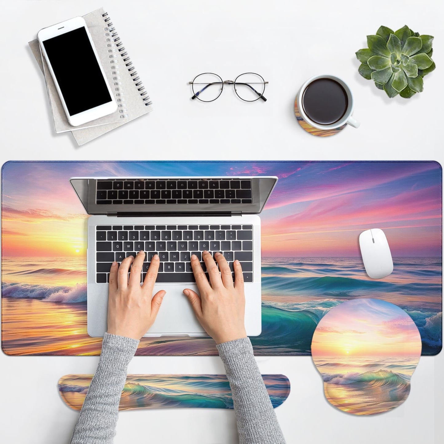 Britimes Keyboard Mouse Pad Set, 4 in 1 Desk Mat Set, Sunset Beach