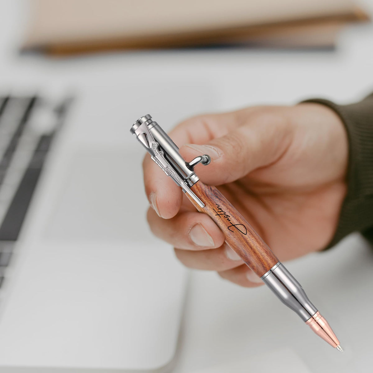 Blireana Personalized Bolt Action Pen, Free Engraved Wood Metal Ballpoint Pen with 2 Refills