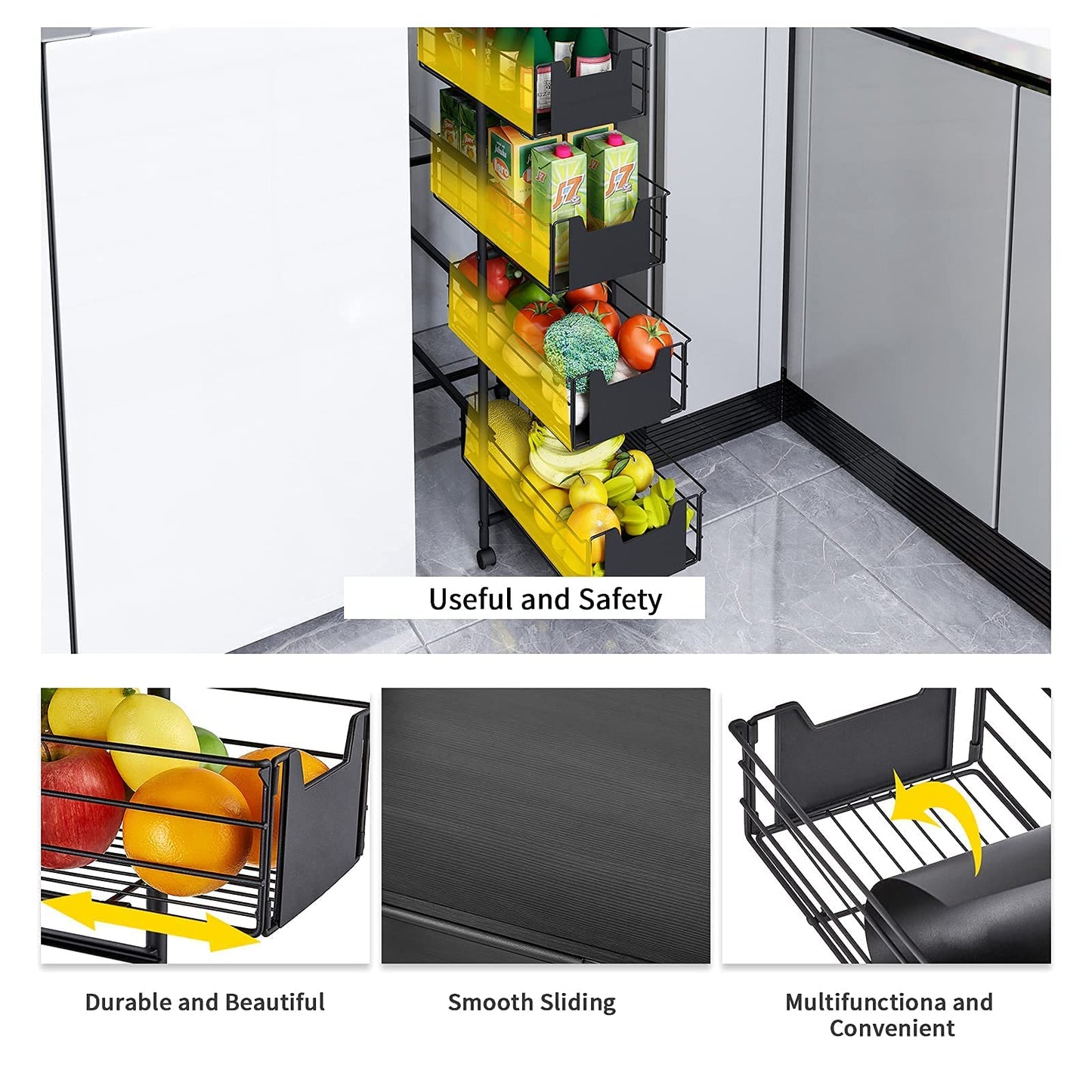 WHIFEA 5 Tier Slim Rolling Cart with Pull-Out Drawers, Multi-Layer Narrow Storage Shelf Organizer