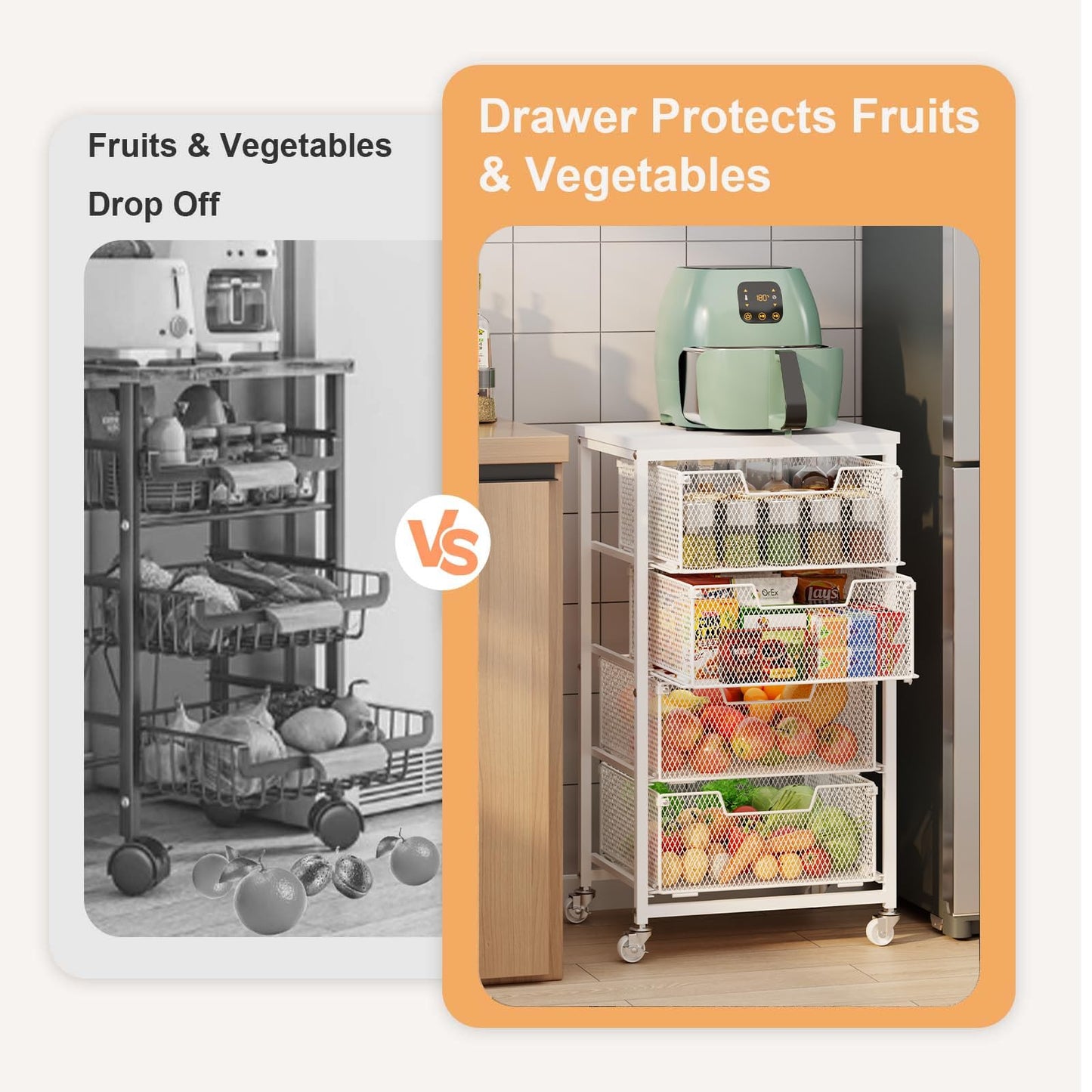 4-Tier Kitchen Storage Cart - Fruit Vegetable Storage Cart with Drawers, Wooden Top Metal Wire