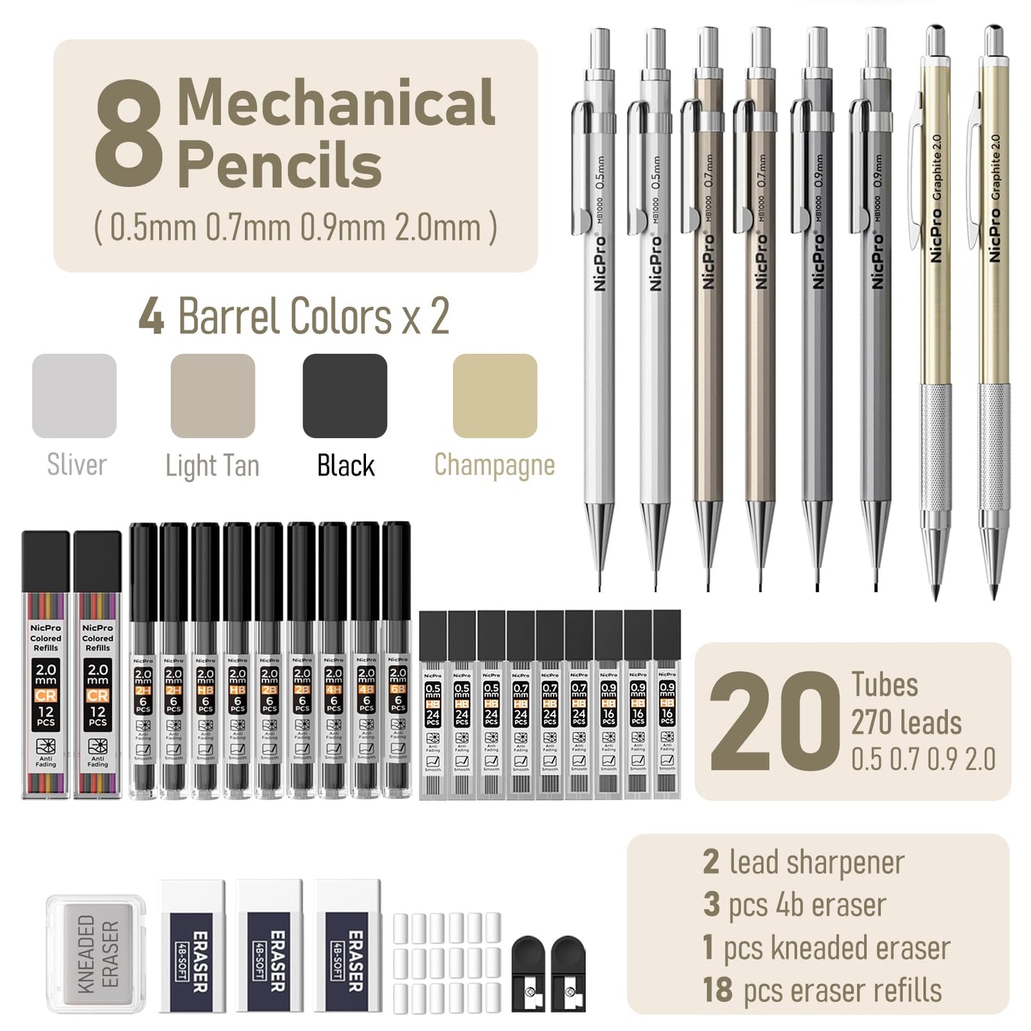 Nicpro 37PCS Art Mechanical Pencil Set, Metal Drafting Pencils 0.5 mm, 0.7 mm, 0.9 mm & 2mm Lead