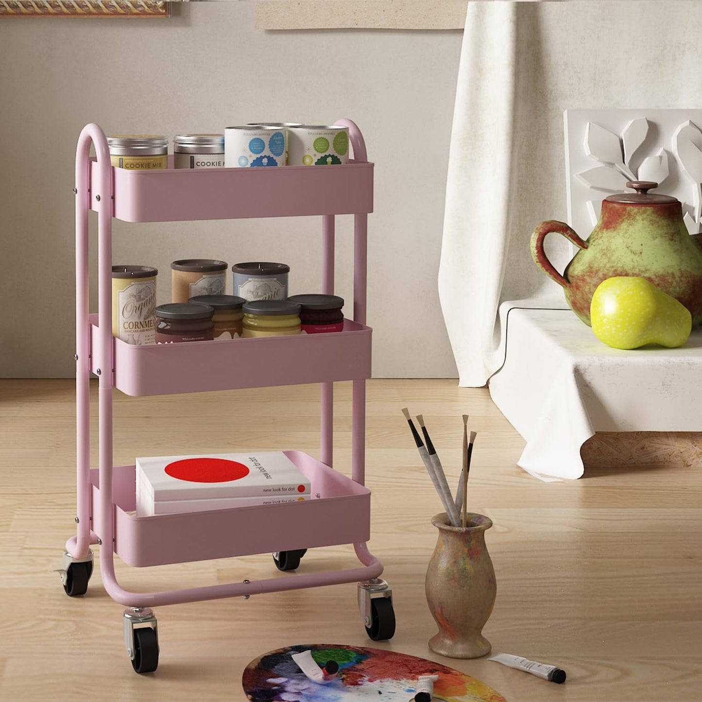 Elitehouse Metal Rolling Cart,3-Tier Pink Rolling Cart with Wheels,Metal Utility Cart with Wheels