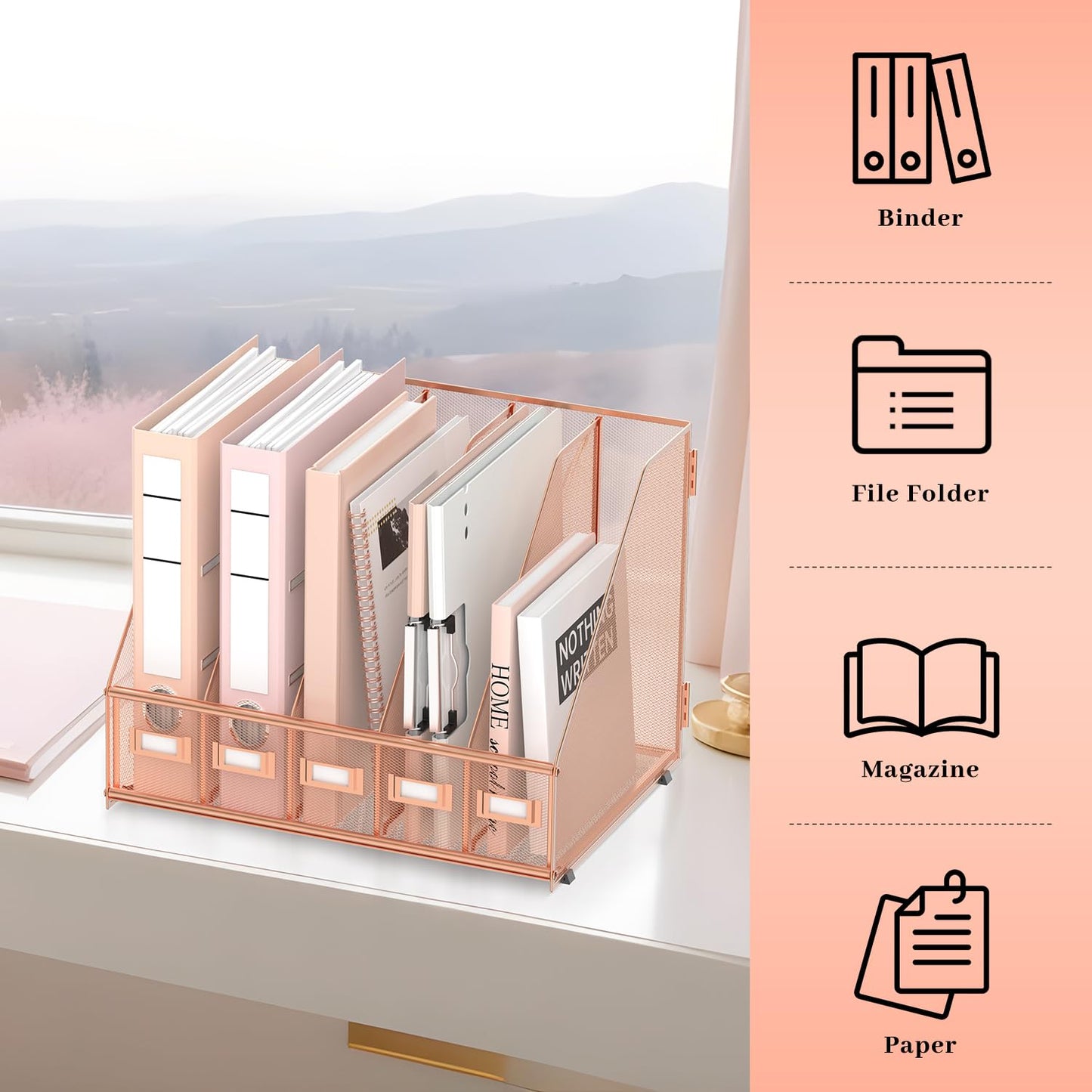 SUPEASY Desk Organizers Metal Desk Magazine File Holder with 5 Vertical Compartments Rack File