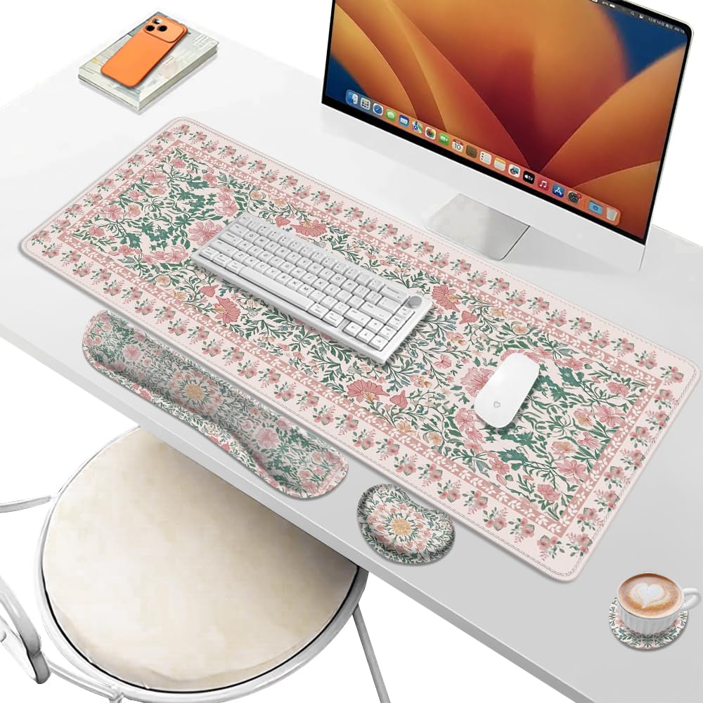 Desk Pad and Keyboard Wrist Rest, Large Mouse Pad + Keyboard Pad+Mouse Wrist Support, Non-Slip Desk