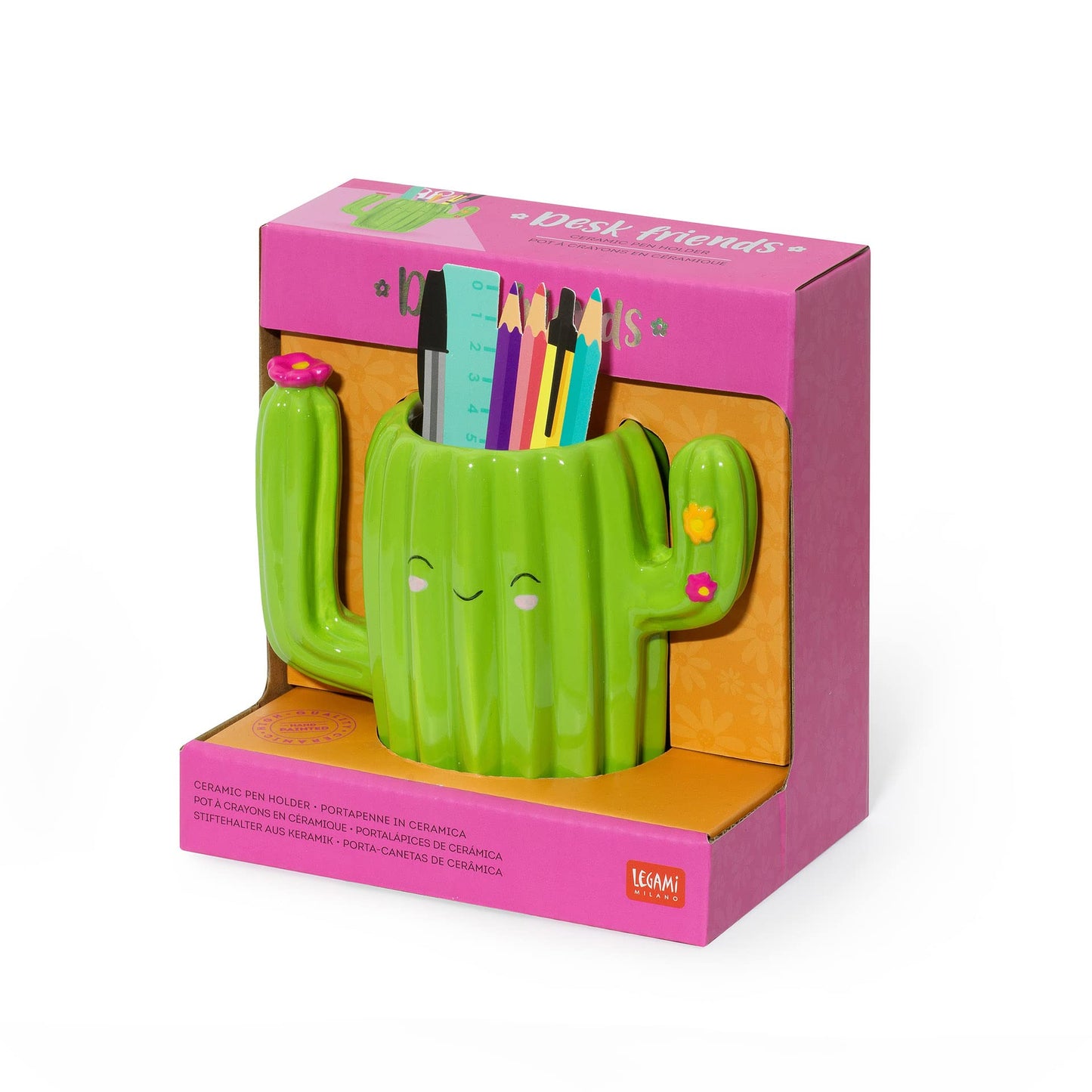 LEGAMI - Ceramic Pen Holder, Desk Friends, 12.5 x 7.5 cm, Cactus Theme, Hand Painted