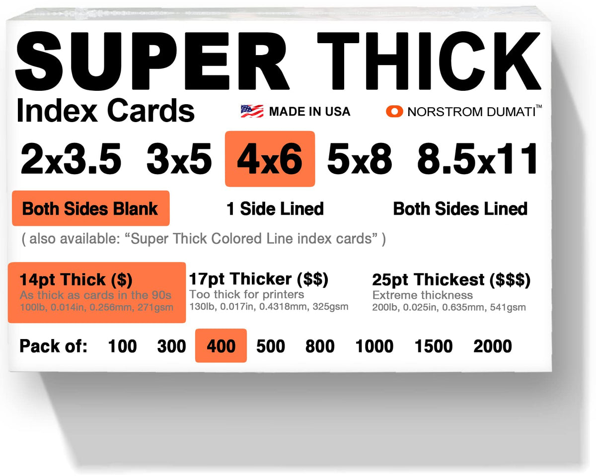 400 SUPER THICK index cards/ 4"x6" / 14pt (0.014") 100lb / blank un-ruled/archival acid-free