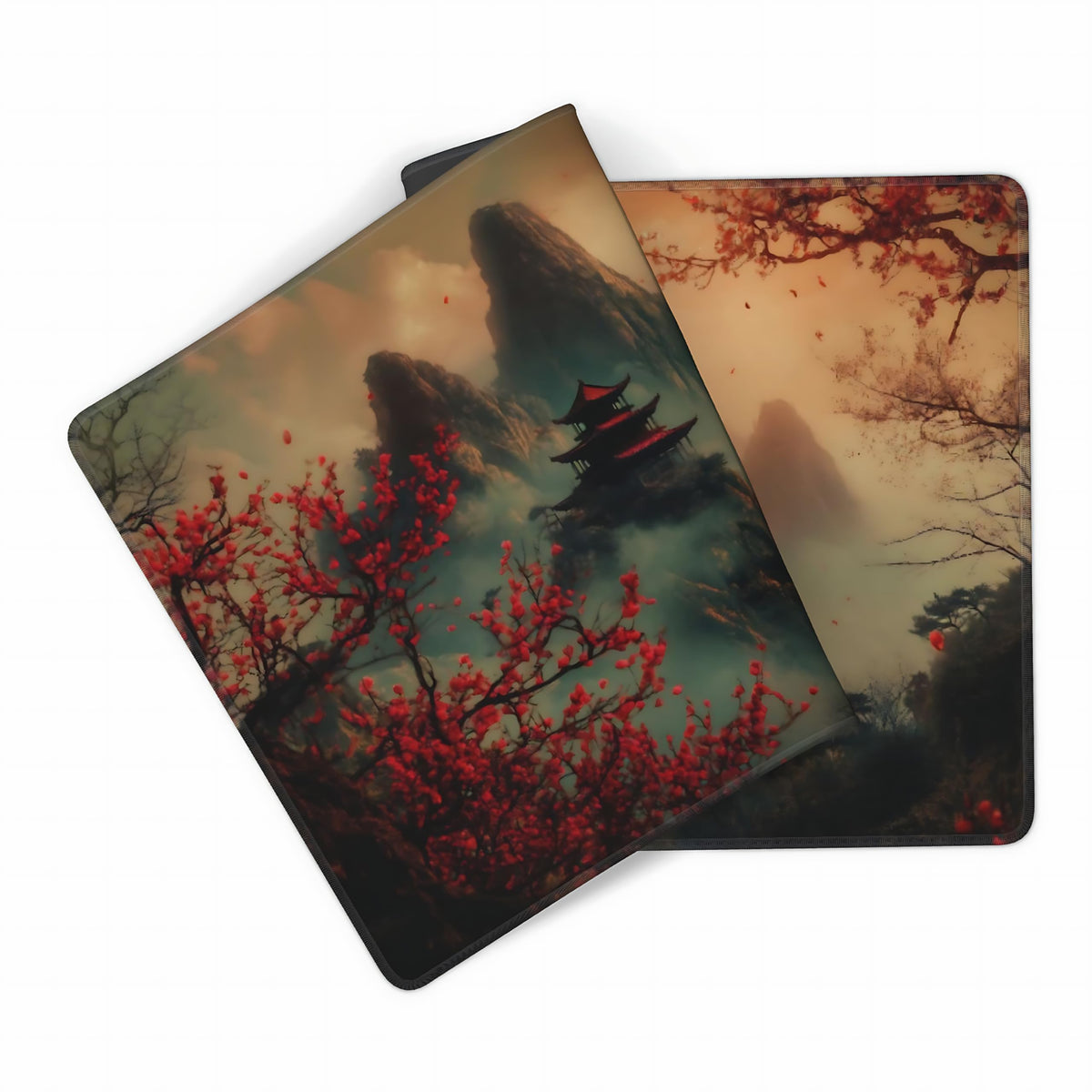 Aesthetic Scenery Gaming Mouse Pad, Green Red Japanese Desk Mat with Anti-Slip Base & Stitched