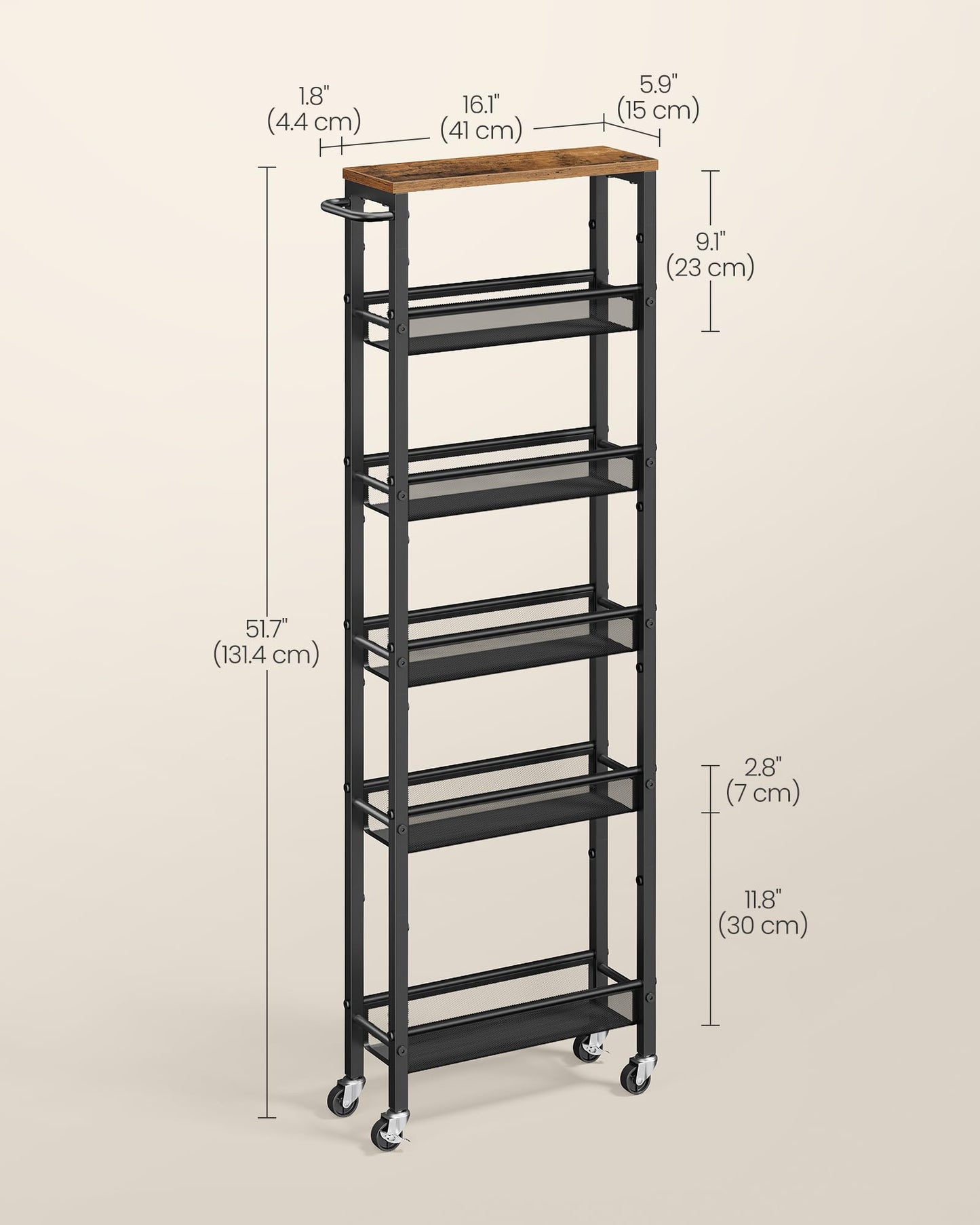 VASAGLE 6-Tier Utility Rolling Laundry Cart, 17.9 x 5.9 x 51.7 inch