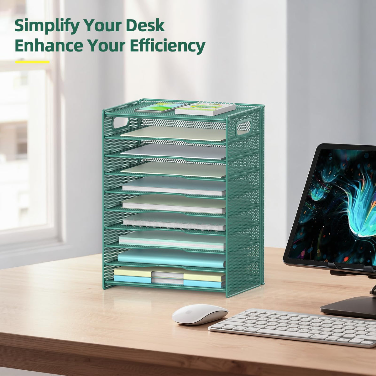 OUTWOLF 10 Tier Paper Organizer - Letter Tray Mesh Desk File Organizer with Handles for Office