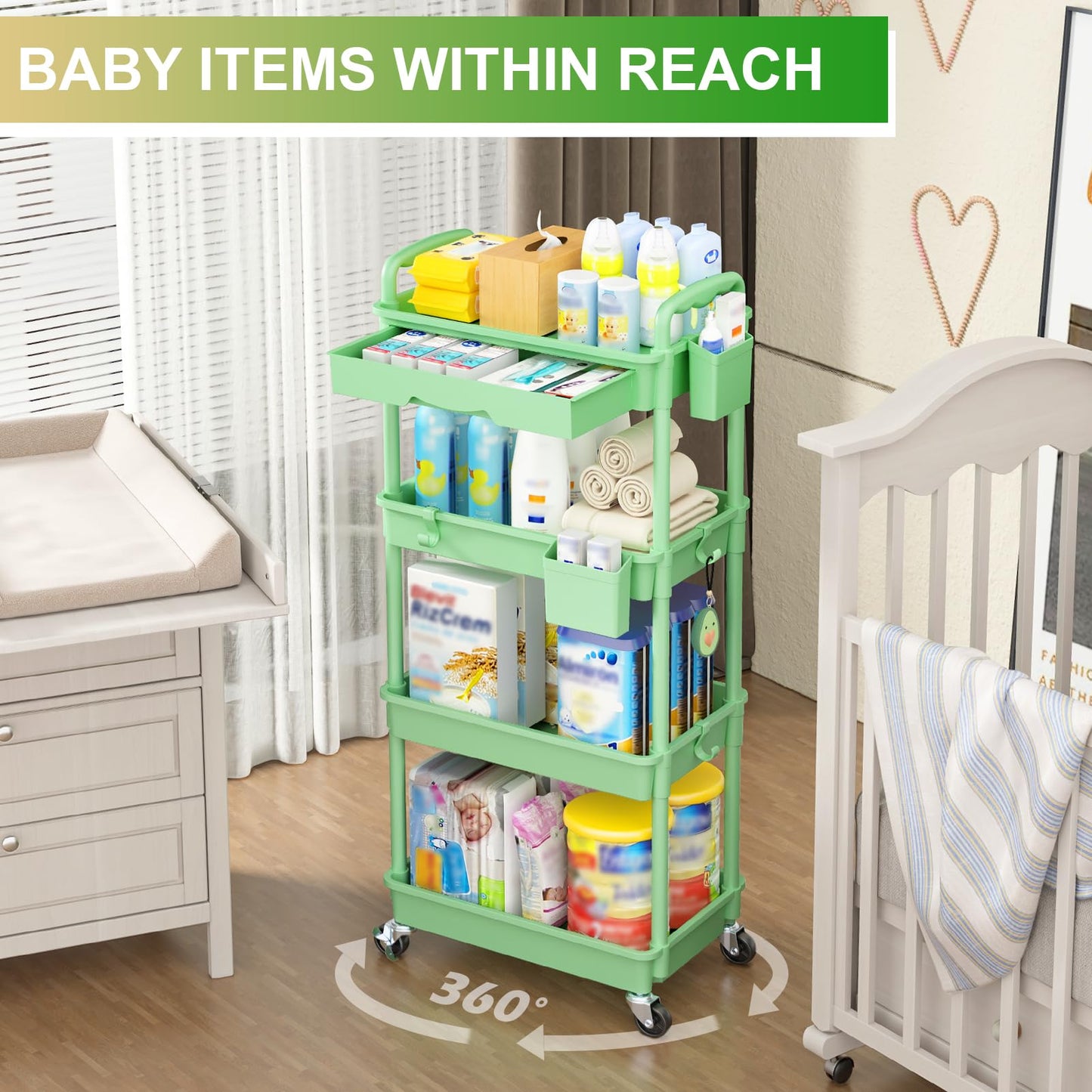 Goovilla 4 Tier Rolling Utility Cart Organizer with Removable Drawer, Green