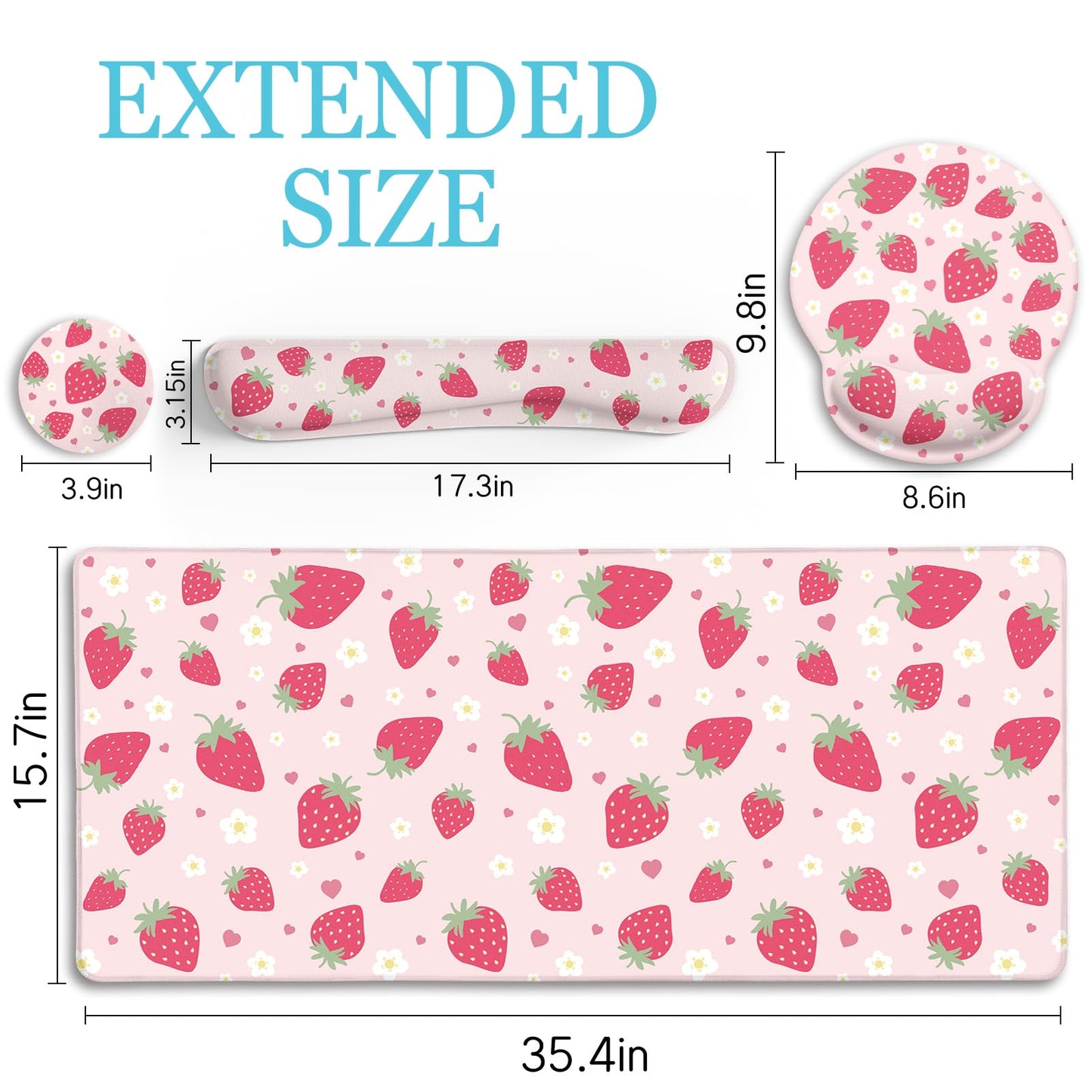 LIMKRIAN Strawberry Mouse Pad Large Desk Mat Set, Pink Ergonomic Mouse Pad