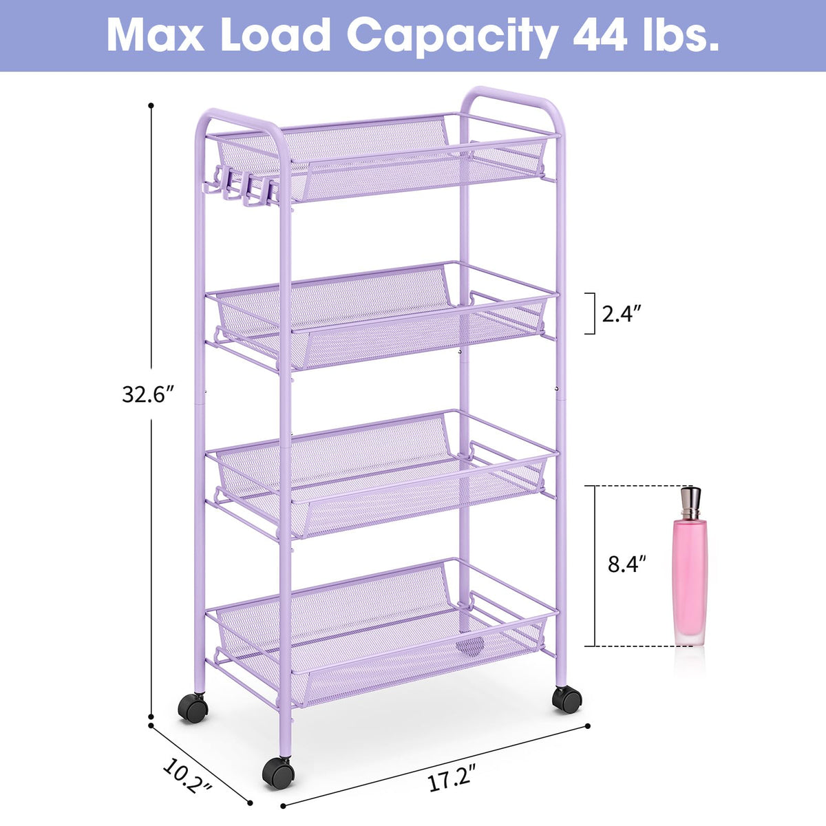 TOOLF 4 Tier Rolling Cart, Metal Utility Storage Cart with Wheels, Purple