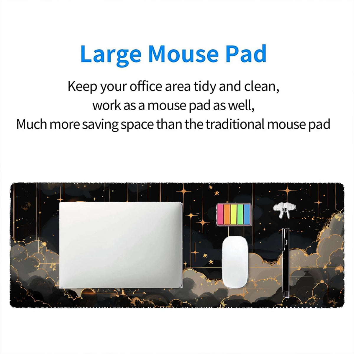 Black Gold Celestial Desk Pad Space Moon Cloud Extended Gaming Mouse Pad Mat with Stitched Edge