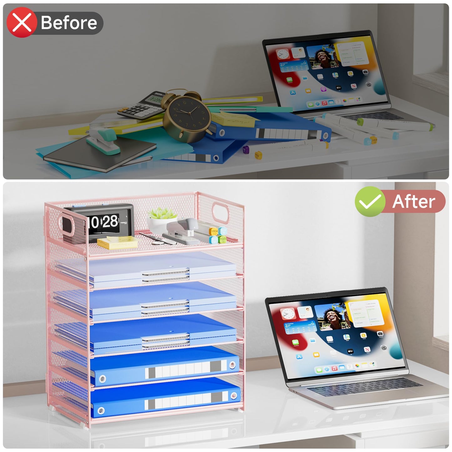 Kinkota Pink Paper Organizer for Desk with Handle, 6-Tier