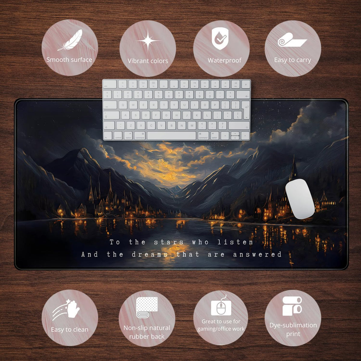 Starry Night Mountain Desk Pad Mat Moon Oil Painting XXL Black Mouse Pad for Gaming Deskpad