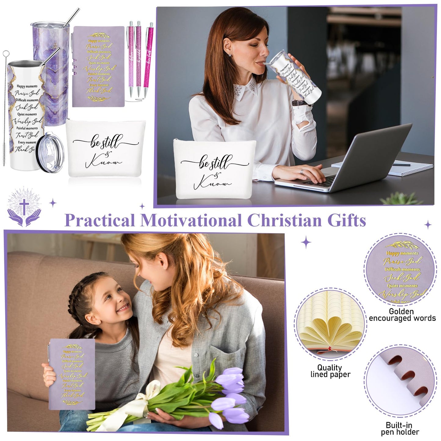 Domensi 6 Pcs Christian Gifts Set, 20 oz Tumbler Notepad Pens, Purple