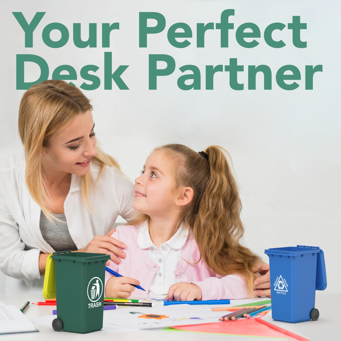 Wiosi Mini Garbage Trash Pen Holder for Desk | Tiny Recycle Bin Pencil Holder Green & Blue, Pack of