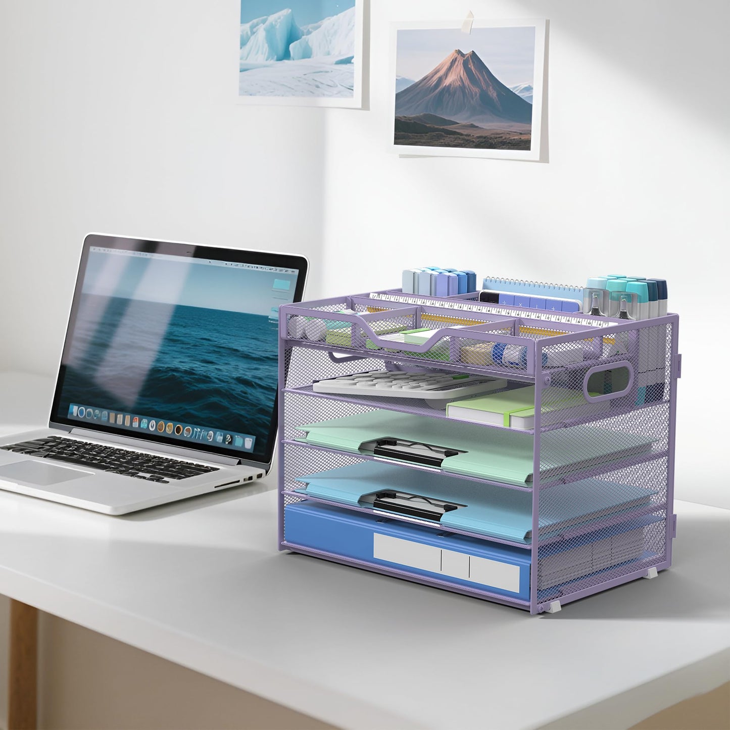 Docnest 5 Tier Mesh Desk Organizer with Removable Tray&Pen Holder, Purple