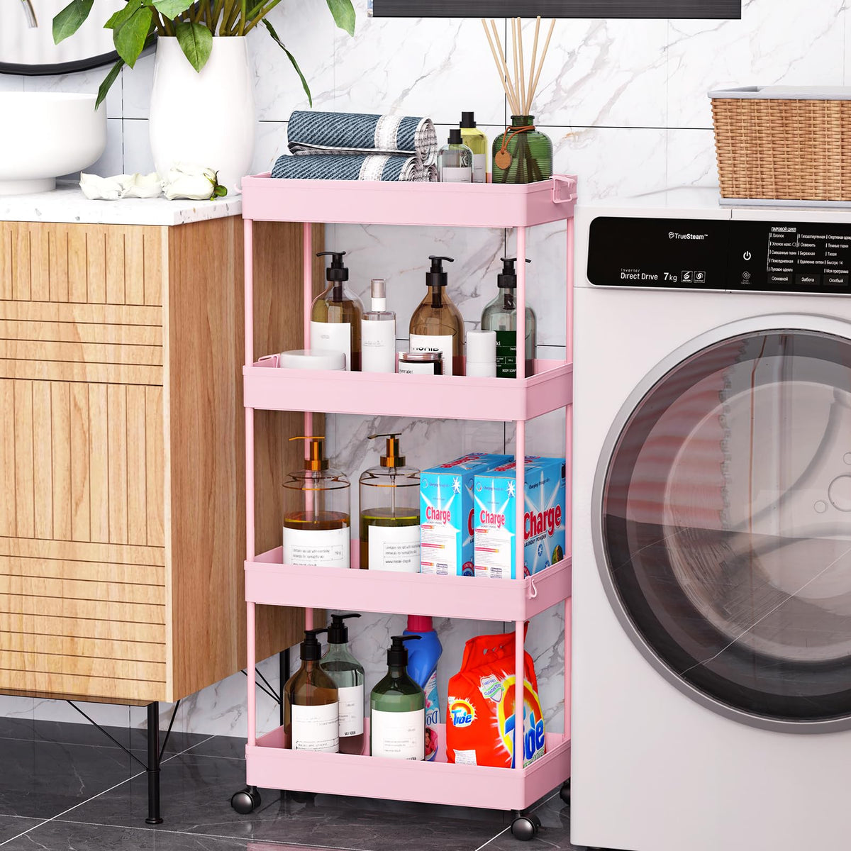 SPACEKEEPER 4 Tier Rolling Cart, Bathroom Cart Organizer with Wheels, Pink