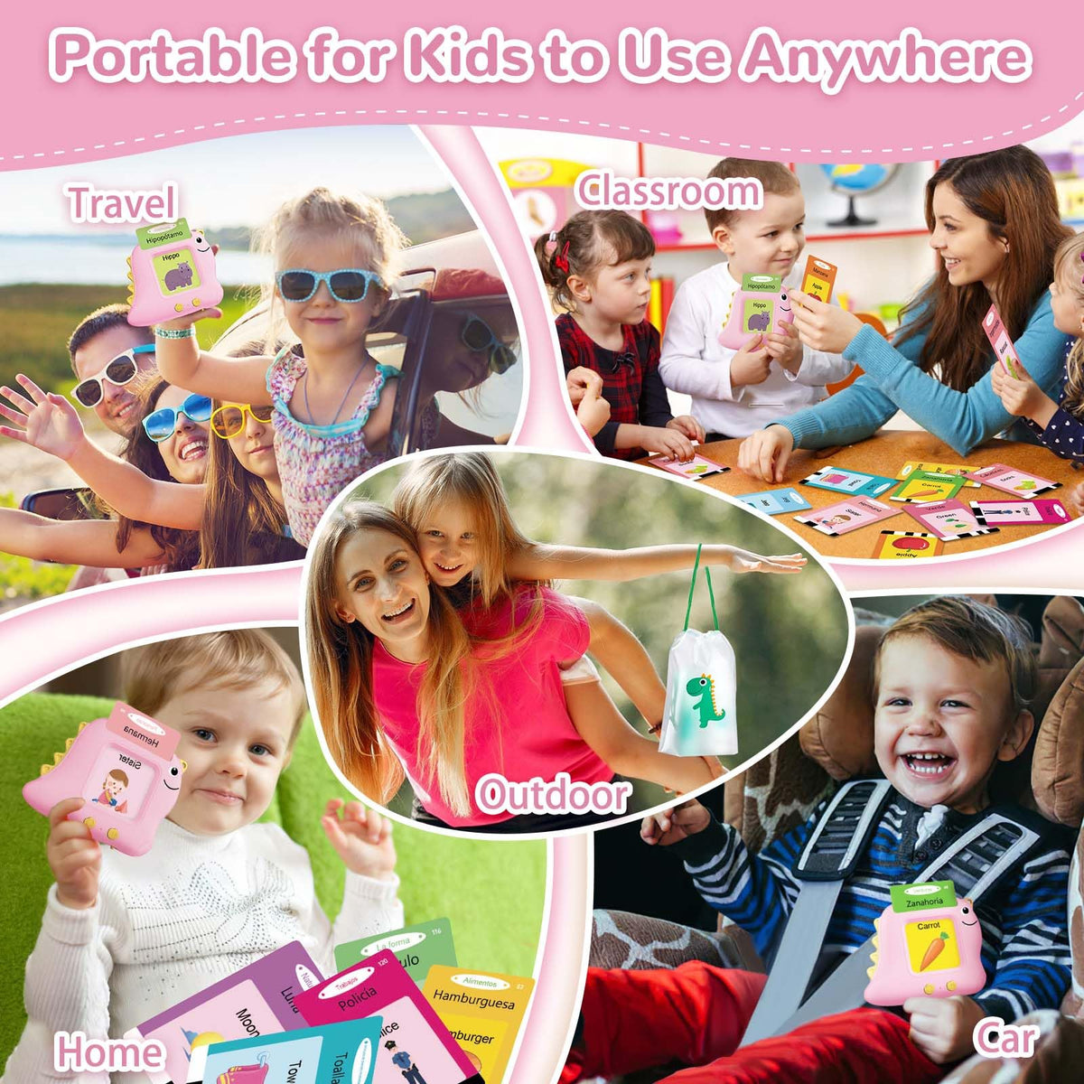 Alotwan Spanish Talking Flash Cards, Bilingual Español & English (Pink)