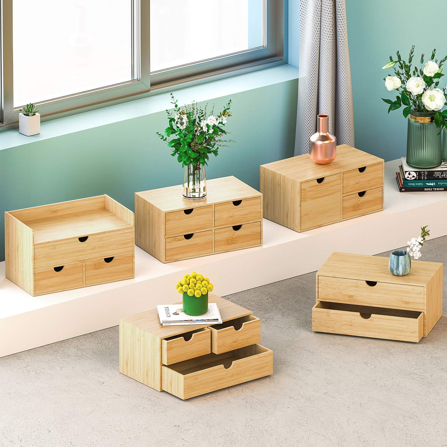 Bamboo Desk Organizer with Drawers, Desktop Storage for Office Supplies