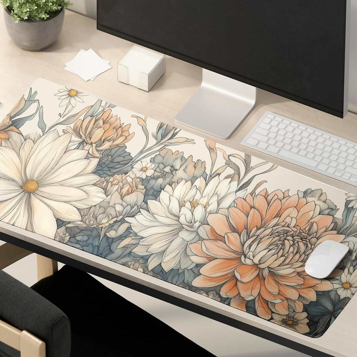 Japanese Minimalist Floral Desk Mat Vintage Botanical Flower Mouse Pad Beautiful Flowers Desk Pad