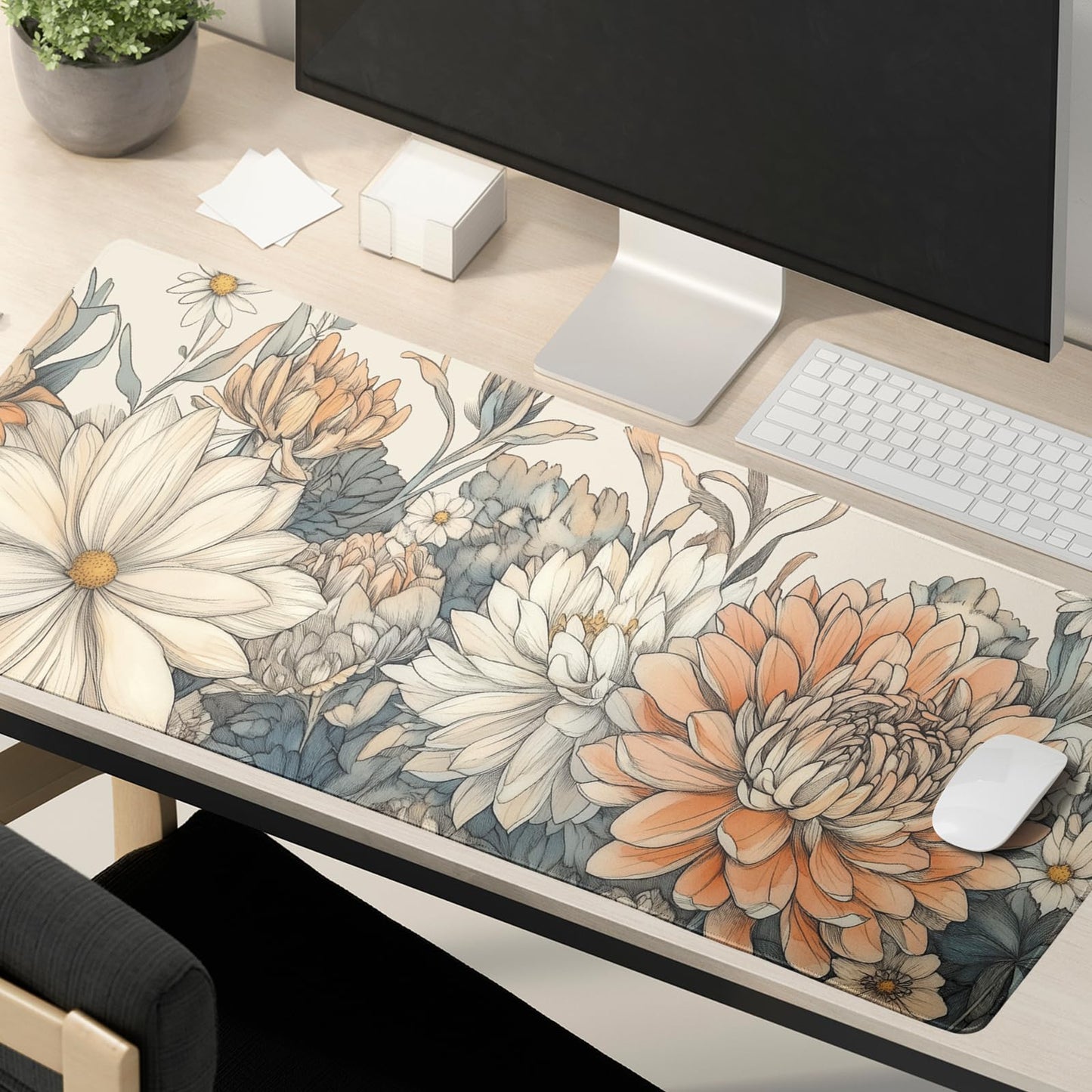 Japanese Minimalist Floral Desk Mat Watercolor Flowers XL Large Extended Gaming Mouse Pad 31.5x11.8