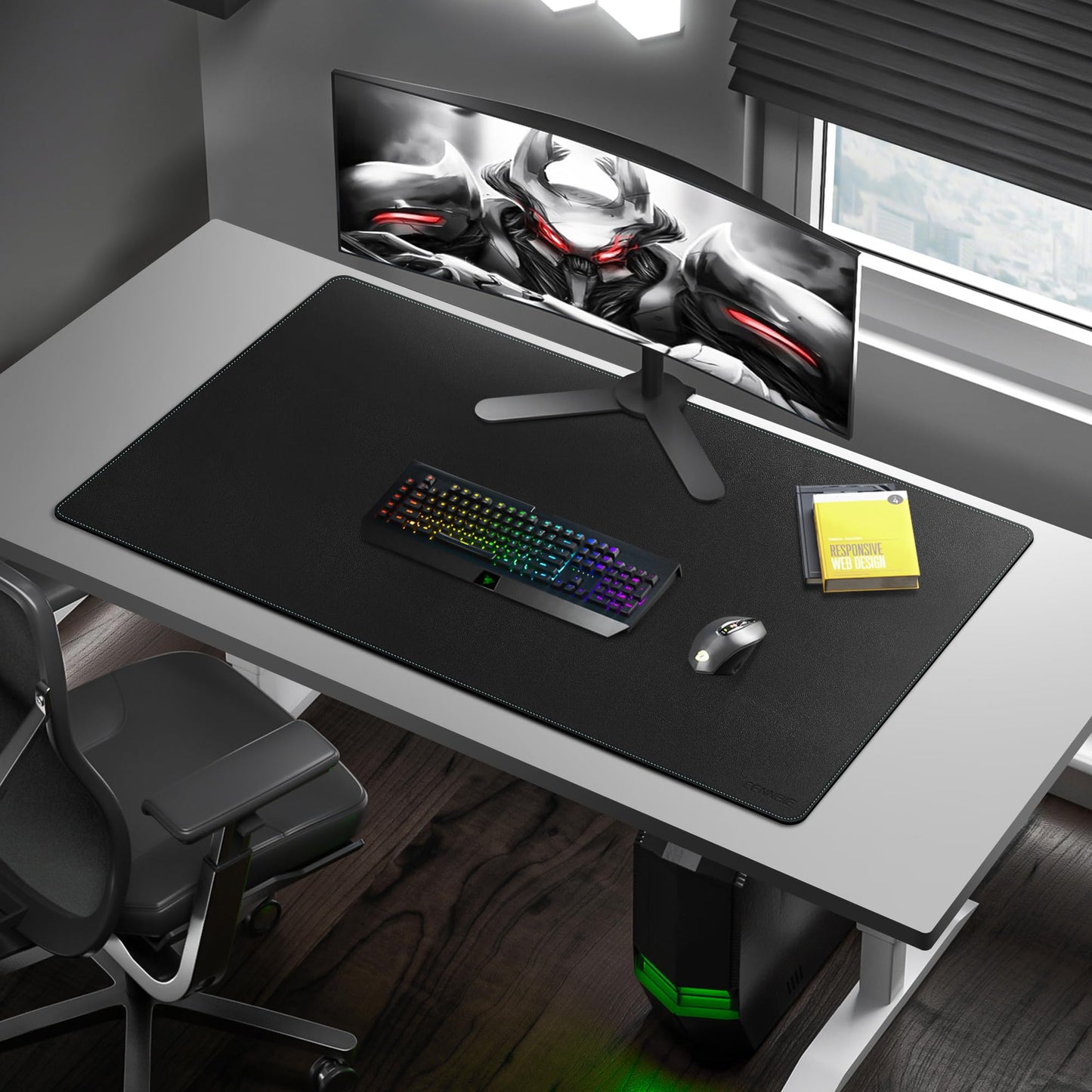 CENNBIE Leather Desk Mat Large, 43.6" x 23.6" Extended Mouse Pad (Black)