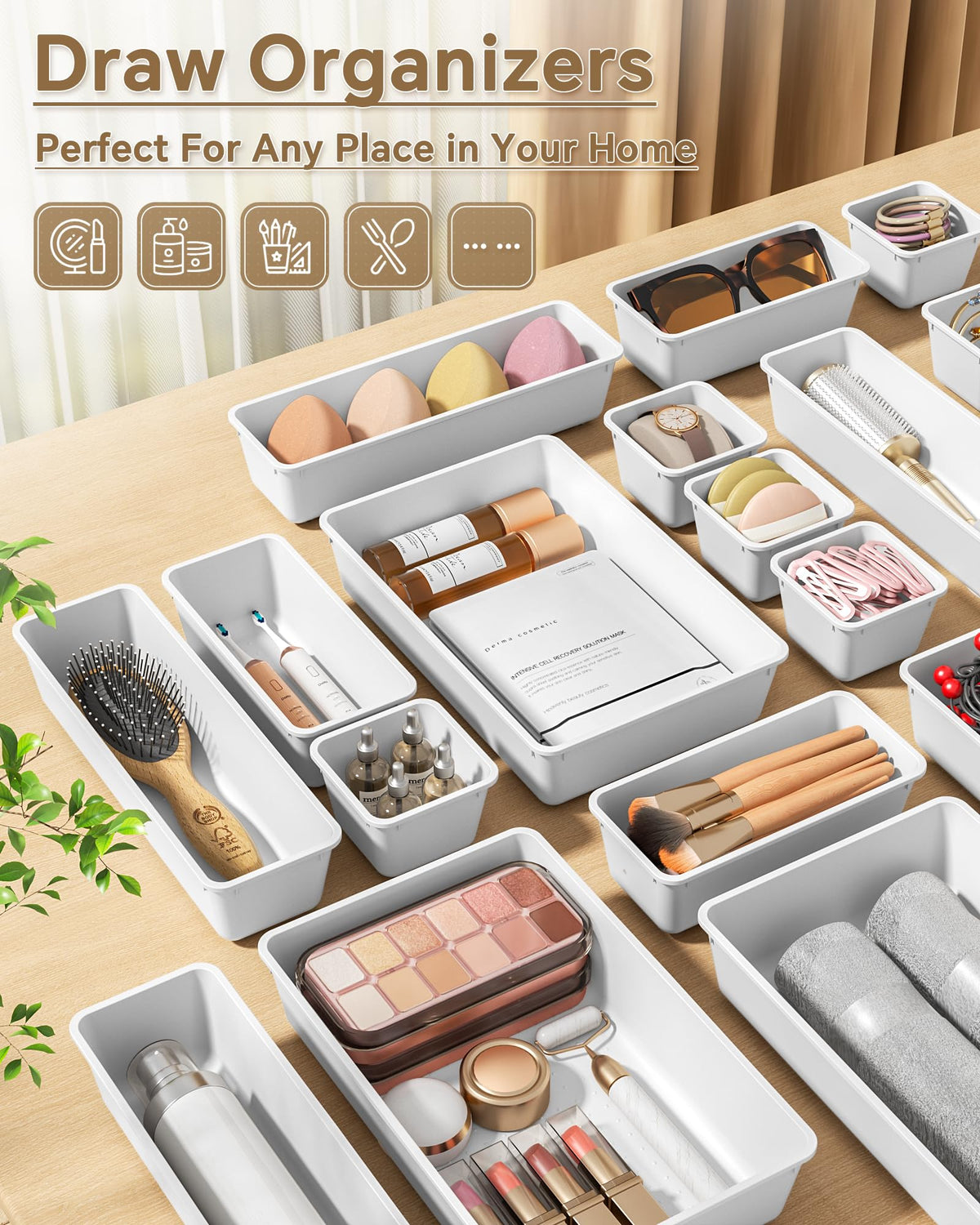 KEMETHY 25 PCS Plastic Drawer Organizers Set, 4 Sizes Vanity Organizer, Makeup and Desk Drawer