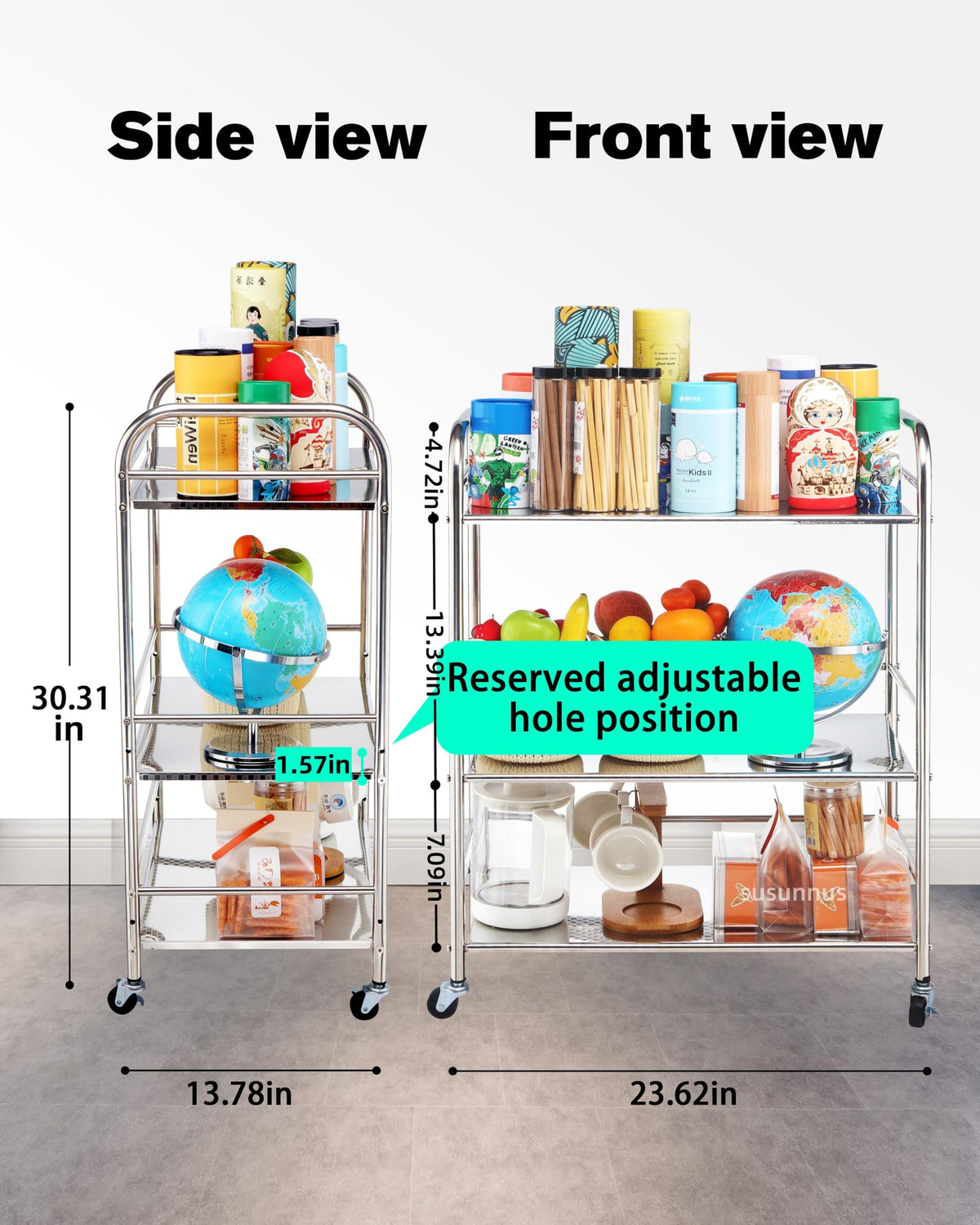 susunnus Stainless Steel Cart,Movable,3 Tier,for Kitchen,Living Room