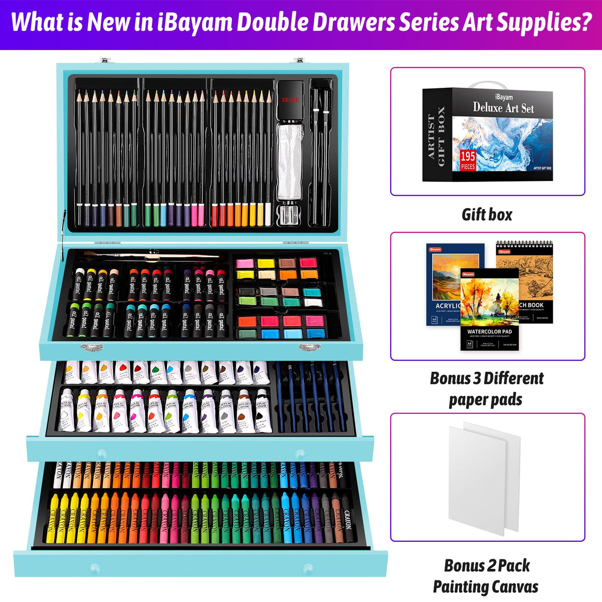 iBayam 195PCS Art Supplies Kit, Sketch Book, Acrylic Pad, Watercolor Pad