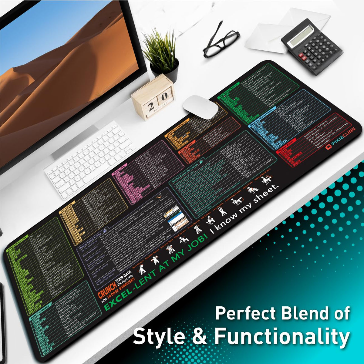 Pixiecube Excel Shortcut Keys Mouse Pad - Extended Large XXL Cheat Sheet Gaming Mousepad | PC