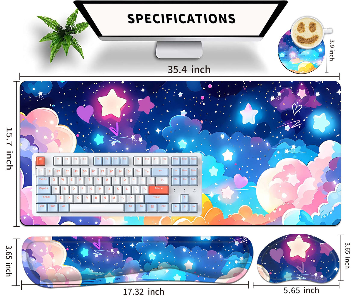 Large Mouse Pad Set 35.4 x 15.7 with Keyboard Wrist Rest, Wrist Support, and Coaster, Waterproof