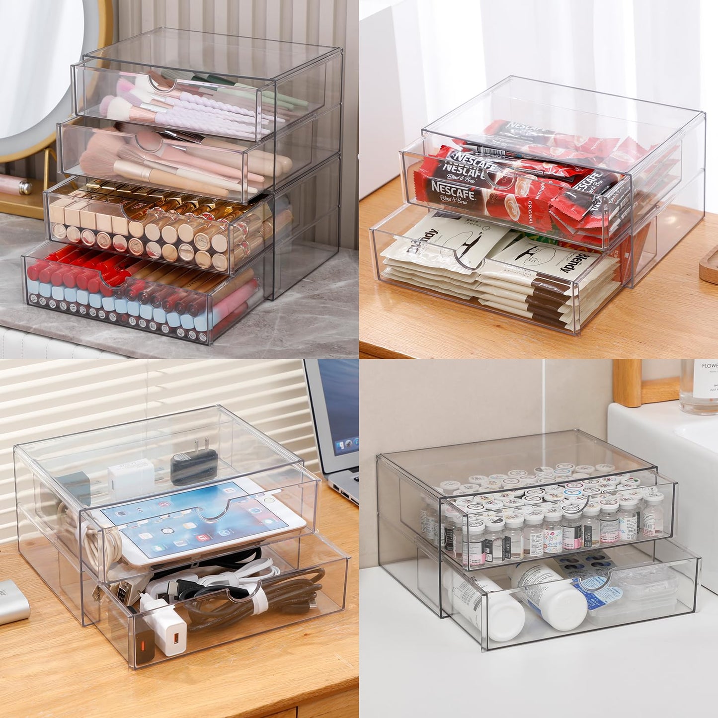NINEWEEN Clear Plastic Drawer Organizer, 4 Drawers