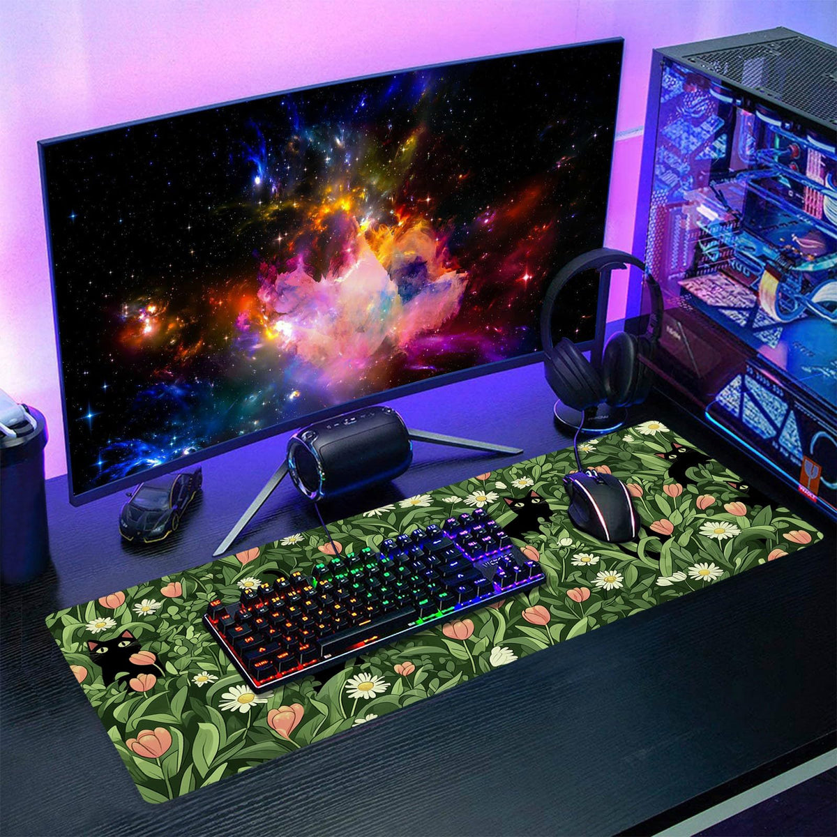 Kawaii Green Plant Gaming Mouse Pad XL Cute Black Cat Flower Cottagecore Extended Big Large Desk